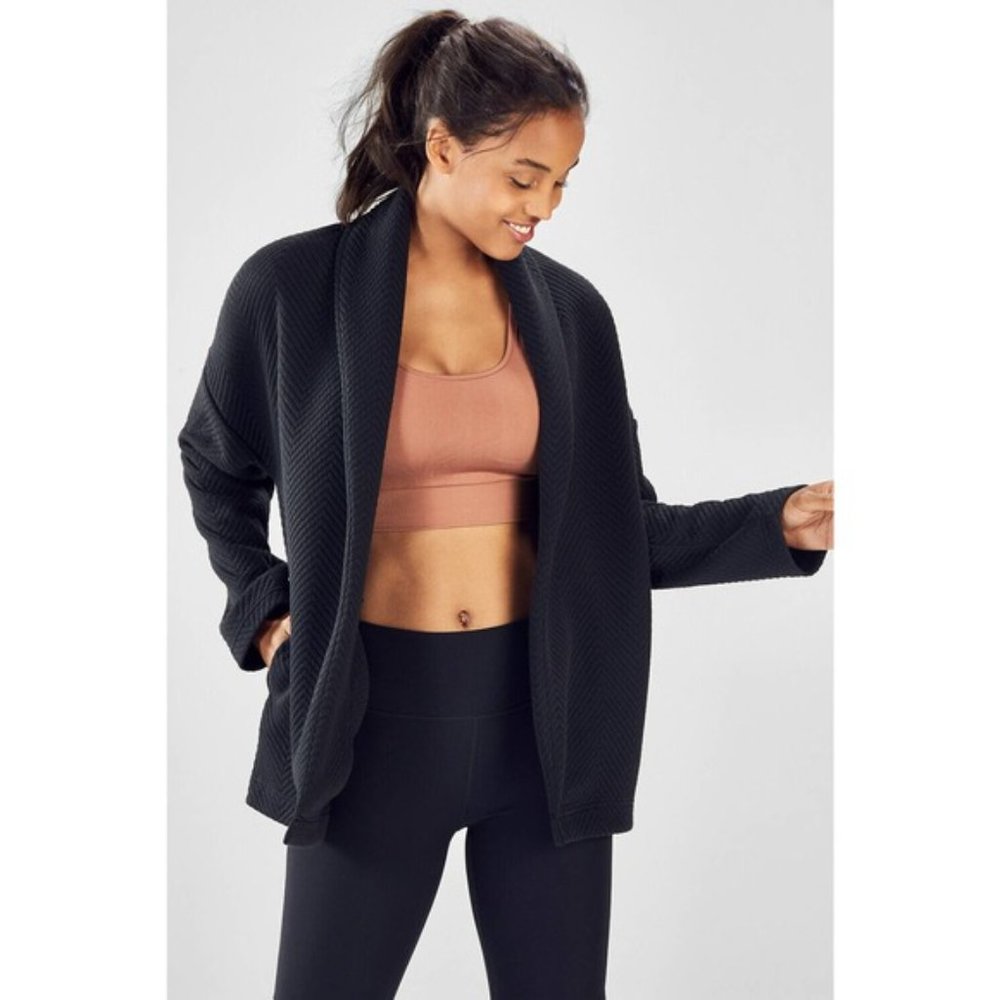 Fabletics Vanessa Black Quilted Open Cardigan Pockets Oversized Jacket